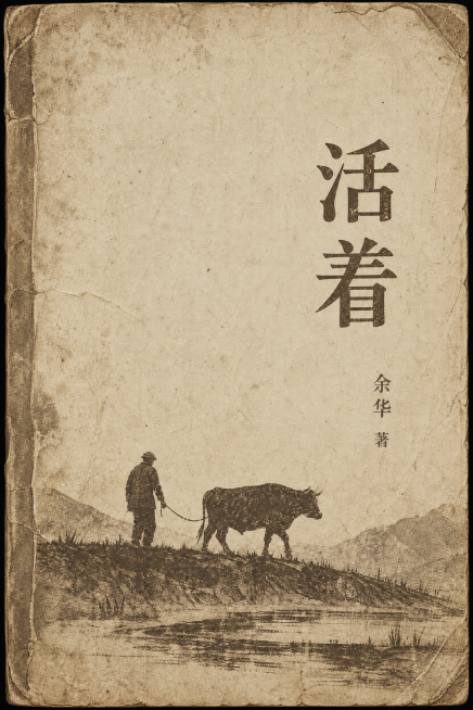 《活着》书籍封面设计，背景为宣纸本白HEX #F5F0E8，书名“活着”和作者名使用深灰焦褐HEX #5A4A3A，封面带有枯笔墨色HEX #4B3E33绘制的田埂线条和老人与牛的剪影，呈现粗粝克制的预览效果