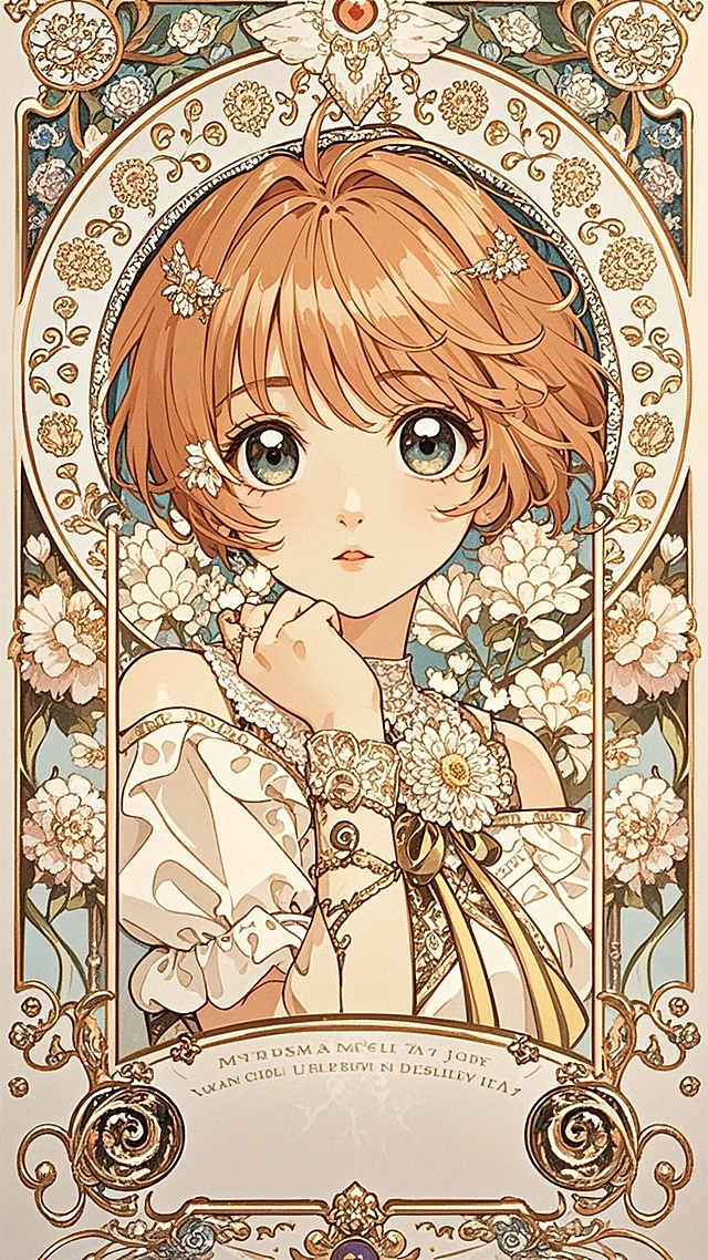 精致漂亮的女孩子，眼睛大，柔美的体态，柔和的配色，半身，周围全是花朵，梦幻的气氛