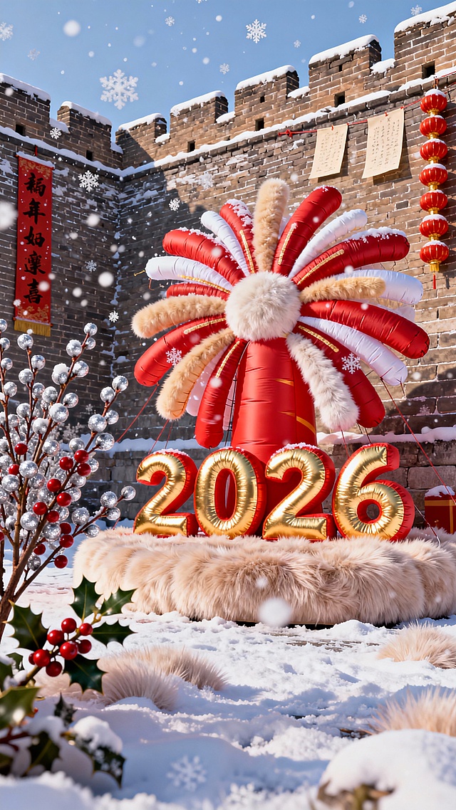 主体为烟花造型的充气装置，前有红金撞色 “2026” 字，旁边少许银柳与冬青果枝簇生，背景是覆雪的古城墙天际线，墙面挂着春联与灯笼串，雪花缓缓飘落。