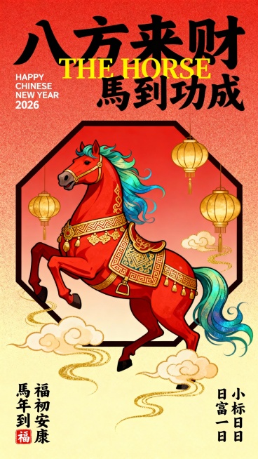 纯扁平风，国潮风描边插画，极繁，丰富细节的国潮插画，扁平插画，正红红渐变浅黄底色，搭配祥云。高饱和带细腻颗粒纹理背景。画面中心为国风的八角形背景板，主体是一匹昂首奔腾的红色骏马，马身装饰繁复的金色回纹预览效果