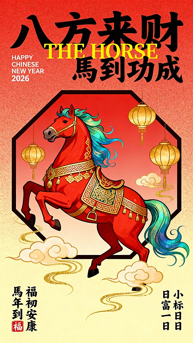 纯扁平风，国潮风描边插画，极繁，丰富细节的国潮插画，扁平插画，正红红渐变浅黄底色，搭配祥云。高饱和带细腻颗粒纹理背景。画面中心为国风的八角形背景板，主体是一匹昂首奔腾的红色骏马，马身装饰繁复的金色回纹、几何纹样与传统鞍具，鬃毛和尾巴呈现蓝绿渐变的飘逸质感，周围环绕金色中式灯笼与祥云元素。文字排版：
顶部：黑色粗体书法字 “八方来财”，黄色艺术字体 “THE HORSE”，黑色书法字 “馬到功成”；左上角白色小字 “HAPPY CHINESE NEW YEAR 2026”
左下角：竖排黑色书法 “馬年到 福祿安康”，搭配红色 “福” 字印章
右下角：竖排黑色书法 “小目标 日富一日”。
热闹喜庆、充满国风韵味的视觉效果，适合作为马年春节开运招财海报。画面装饰国风仙气金色线条，