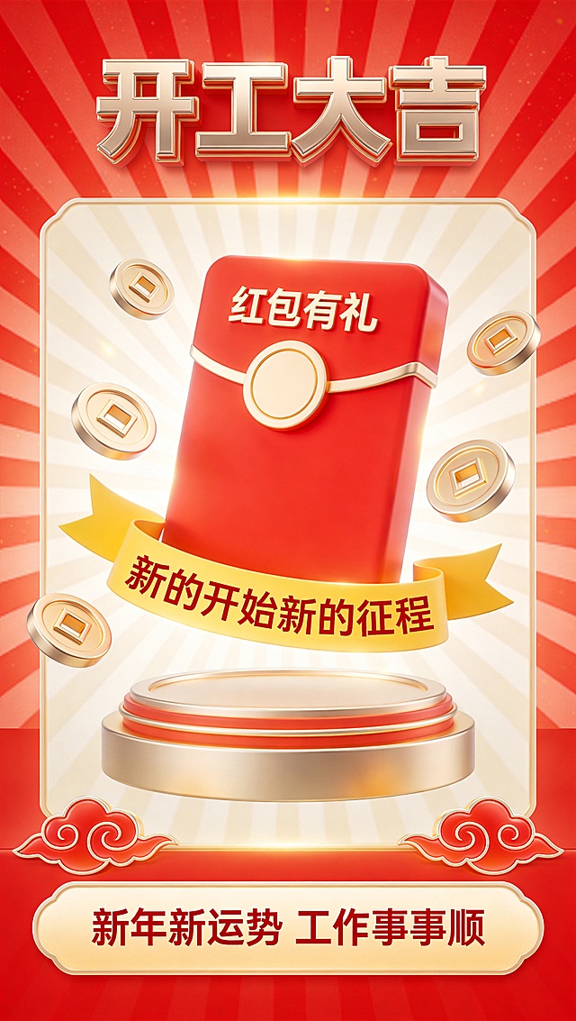 3D重拟物风格，鎏金金属质感，喜庆红金配色，结合传统云纹与金币元素，营造浓厚春节开工氛围，传递新年好运与事业顺遂的祝福。