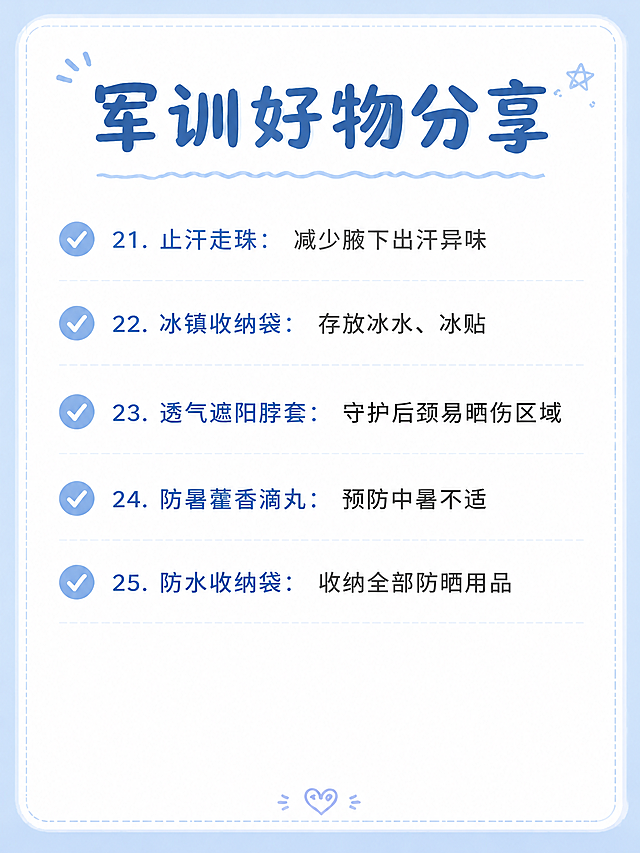 保持原图的蓝白配色、备忘录清单版式、3:4竖版比例、字体风格、蓝色勾选图标和整体排版布局完全不变，仅将清单文字内容替换为以下5项，序号从21到25顺延：21. 止汗走珠：减少腋下出汗异味；22. 冰镇收纳袋：存放冰水、冰贴；23. 透气遮阳脖套：守护后颈易晒伤区域；24. 防暑藿香滴丸：预防中暑不适；25. 防水收纳袋：收纳全部防晒用品。图片底部适当留白，文字清晰，风格与原图一致。