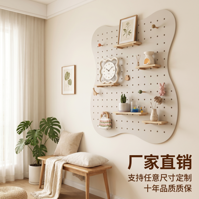 「图片1」生成一套主图（5张），商品名称是进口实木洞洞板，卖点是纯实木 防水防潮 样品免费顺丰包邮 免费拿样 选用新西兰松木进口实木 全网首发碳晶工艺 厂家直销,十年质保,支持定制，风格是家居治愈风，预览效果