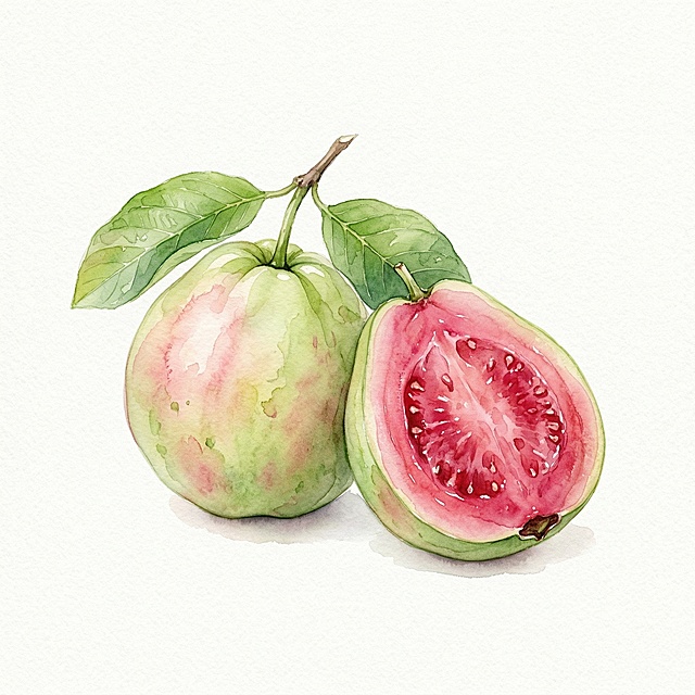 水彩风格插画，两颗形态自然的红心芭乐，一颗完整饱满，果皮浅绿带粉嫩红晕，一颗对半切开，露出鲜艳玫红色果肉与细腻果芯，搭配清新绿色果蒂与叶片，通透水润水彩质感，柔和渐变晕染，干净白色背景，光影柔和，整体清新治愈，简洁精致，适合食品包装设计，线条柔和优雅，配色高级不刺眼