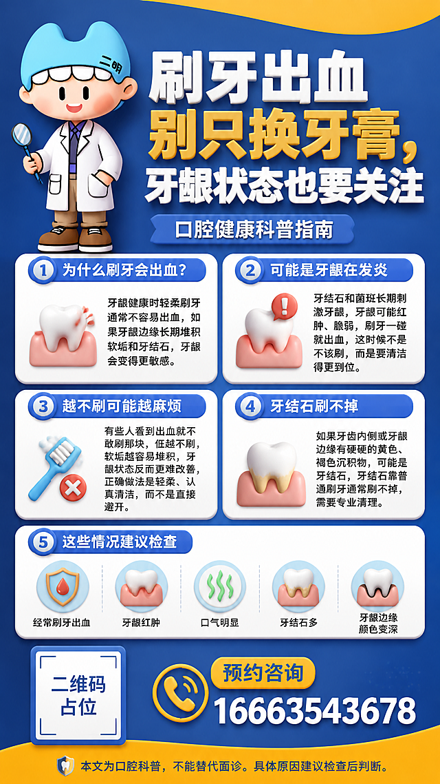 3D渲染风格竖版口腔科普海报，9:16比例，整体为报纸式科普排版，信息丰富但层次清晰。

背景：以深蓝色为主色调，顶部和底部有橙黄色波浪形装饰边（参考图2的蓝黄配色与波浪造型），营造专业温暖的医疗科普氛围。

画面左上角：放置卡通牙医形象（参考图1的Q版牙齿帽子医生角色，3D立体渲染，保留白大褂、牙齿造型蓝帽子、手持口镜的特征，形象可爱亲切），角色面带微笑，作为科普代言人。

主标题区（画面上方居中）：大字号主标题"刷牙出血别只换牙膏，牙龈状态也要关注"，字体醒目清晰，下方配小字副标题"口腔健康科普指南"。

正文科普内容区（画面中部，分栏式报纸排版）：分为多个信息卡片模块，每个模块有图标和小标题，内容如下：
1. 模块一"为什么刷牙会出血？"：牙龈健康时轻柔刷牙通常不容易出血，如果牙龈边缘长期堆积软垢和牙结石，牙龈会变得更敏感。
2. 模块二"可能是牙龈在发炎"：牙结石和菌斑长期刺激牙龈，牙龈可能红肿、脆弱，刷牙一碰就出血，这时候不是不该刷，而是要清洁得更到位。
3. 模块三"越不刷可能越麻烦"：有些人看到出血就不敢刷那块，但越不刷，软垢越容易堆积，牙龈状态反而更难改善，正确做法是轻柔、认真清洁，而不是直接避开。
4. 模块四"牙结石刷不掉"：如果牙齿内侧或牙龈边缘有硬硬的黄色、褐色沉积物，可能是牙结石，牙结石靠普通刷牙通常刷不掉，需要专业清理。
5. 模块五"这些情况建议检查"：经常刷牙出血、牙龈红肿、口气明显、牙结石多、牙龈边缘颜色变深。

画面底部：
- 左下角：二维码占位符（纯色方块，中央标注"二维码占位"文字）
- 右下角：预约电话"16663543678"，字体清晰醒目，旁边标注"预约咨询"
- 最底部小字："本文为口腔科普，不能替代面诊。具体原因建议检查后判断。"

整体风格：3D立体渲染，卡片有轻微悬浮感和阴影，配色以深蓝+橙黄为主，白色文字为主，点缀浅蓝色和浅绿色图标，专业又不失亲和力。版式精美，信息分区明确，阅读顺序清晰。

画面中所有数字必须精确渲染，不得错位、遗漏或编造。画面中所有信息区域必须填充完整合理的内容，不得出现空白框、空白占位、横线待填写区域、空列表项、空单元格。