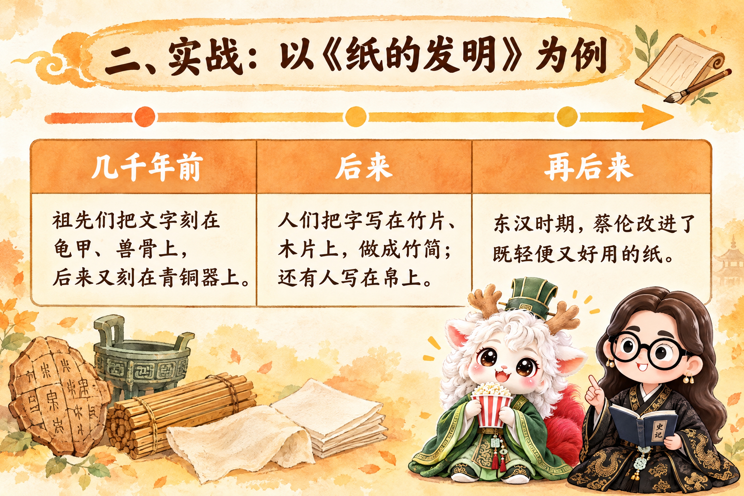 横版6寸比例的知识卡片设计，标题为"二、实战：以《纸的发明》为… - 图片创意预览