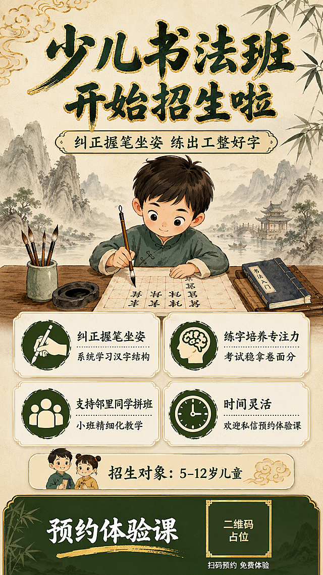 少儿书法班招生海报，中式国学水墨风格，竖版9:16比例。

背景：宣纸米黄色底色，搭配淡雅水墨山水远景和竹叶剪影，左上角有祥云纹装饰，整体温润雅致有书卷气息。

主标题区（画面上方居中）：超大书法字体主标题"少儿书法班 开始招生啦"，墨绿黑色毛笔字，带金色描边，下方有副标题"纠正握笔坐姿 练出工整好字"，米色底墨绿色字的横条标签承载。

主视觉区（画面中上部）：一个可爱的Q版中国小男孩正坐在书桌前认真写毛笔字，桌上铺着宣纸、放着砚台和毛笔，孩子握笔姿势端正，神情专注，画面温馨有感染力。

课程亮点区（画面中部）：四个圆角白底卡片2x2排列，每张配小图标：
1. 握笔坐姿图标 + "纠正握笔坐姿 系统学习汉字结构"
2. 大脑/专注力图标 + "练字培养专注力 考试稳拿卷面分"
3. 多人/班级图标 + "支持邻里同学拼班 小班精细化教学"
4. 时钟图标 + "时间灵活 欢迎私信预约体验课"

招生对象区（亮点区下方）：浅米色圆角卡片，写着"招生对象：5-12岁儿童"，配小人图标。

底部预约区（画面底部）：墨绿色底栏，左侧是"预约体验课"白色大字CTA，右侧是一个金色边框的纯色方块二维码占位符，方块中央标注"二维码占位"文字，下方小字"扫码预约 免费体验"。

配色：主色墨绿#2D5016，米色#F5F0E8，金色#C9A96E点缀，整体色调温暖雅致，符合书法国学气质。

版式精美，层次分明，四周留足安全边距。画面中所有信息区域必须填充完整合理的内容，不得出现空白框或待填写区域。

画面中必须完整呈现以下文字信息："少儿书法班 开始招生啦"、"纠正握笔坐姿 练出工整好字"、"纠正握笔坐姿 系统学习汉字结构"、"练字培养专注力 考试稳拿卷面分"、"支持邻里同学拼班 小班精细化教学"、"时间灵活 欢迎私信预约体验课"、"招生对象：5-12岁儿童"、"预约体验课"、"扫码预约 免费体验"。

画面中所有二维码区域使用纯色方块占位符呈现，方块中央标注"二维码占位"文字，严禁生成任何可识别的二维码图案。

画面中所有信息区域、课程亮点卡片、招生对象区等必须填充完整合理的内容，不得出现空白框、空白占位、横线待填写区域、空列表项、空单元格；确保是完整可用的成品海报而非待填写模板。