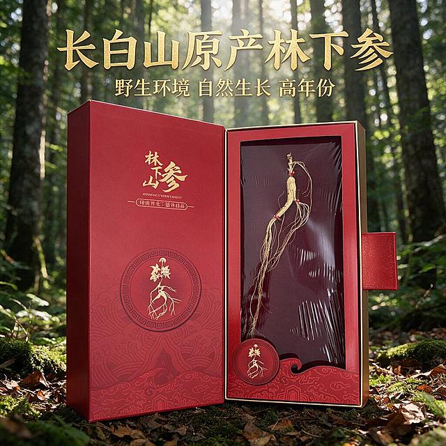 拼多多电商主图，长白山原产林下参红色礼盒，打开的礼盒中展示一支完整的高年份林下参，参须修长清晰，背景为长白山原始森林野生环境，阳光透过树叶洒下，自然生长氛围，画面上方有醒目大字文案"长白山原产林下参"，下方小字"野生环境 自然生长 高年份"，高端滋补感，1:1正方形构图，产品居中突出，商业摄影质感，高清细节