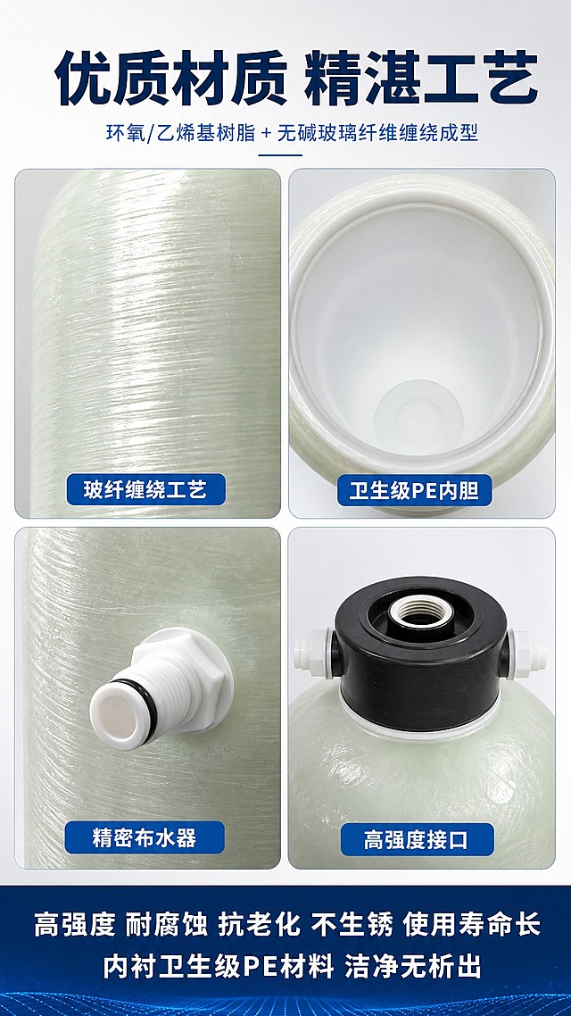 [第4屏-材质工艺展示] 抛光树脂罐 详情页材质工艺页 淘宝天猫9:16竖版 目标：展示罐体高品质材质和精湛工艺，建立买家信任。

[商品] 使用产品图中的抛光树脂罐做多角度局部特写；保留罐体材质、颜色、结构不变，分别展示不同部位的细节。

[画面] 2x2四宫格细节特写拼图，展示4个不同部位的材质工艺细节。左上格：罐体表面玻璃纤维缠绕纹理特写，可清晰看到一圈圈的纤维纹理和光滑的环氧树脂表层，配文字标注"玻纤缠绕工艺"。右上格：罐体内胆PE衬里材质特写，展示洁净光滑的白色内胆内壁，配文字"卫生级PE内胆"。左下格：上下布水器接口细节特写，展示精密的接口结构，配文字"精密布水器"。右下格：罐体顶部开口和阀门结构特写，展示顶部的接口和密封结构，配文字"高强度接口"。画面顶部有大标题，底部有总结性文案。背景为浅灰色到白色的渐变，干净专业。

[视觉] 套系策略：风格=工业科技高端风；标题字=现代粗黑体硬朗有力；正文字=简洁无衬线体；主色=深蓝科技蓝；背景延展=浅灰白渐变+细腻纹理；强调色=亮蓝色；标题色=深蓝色；正文色=深灰色；组件=圆角图片框、蓝色标签条、细线分隔；光影=侧光突出材质纹理和立体感，每个特写都有清晰的材质质感。

[文字] 顶部深蓝色粗黑体大标题"优质材质 精湛工艺"；大标题下方浅蓝色副标题"环氧/乙烯基树脂 + 无碱玻璃纤维缠绕成型"；四宫格每张图下方或角落有短标签文字；底部通栏深蓝色背景白色文字"高强度 耐腐蚀 抗老化 不生锈 使用寿命长"，以及"内衬卫生级PE材料 洁净无析出"。所有文字横排。

[规格] 比例9:16竖版，4K，负向：变形、错字、文字过小、模糊、杂乱、水印、平台Logo、人物面部、材质失真