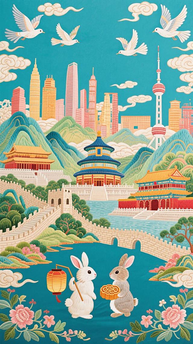 画面底部2只小兔子拿着（一个拿着灯笼、一个拿着月饼）的背影，中景有祖国山水和国家标志性建筑（天坛、长城、故宫、东方明珠等））四周有和平鸽、祥云环绕，暖橙粉金为主色调（青绿点缀），背景有国家地标建筑群，画面有序和谐干净