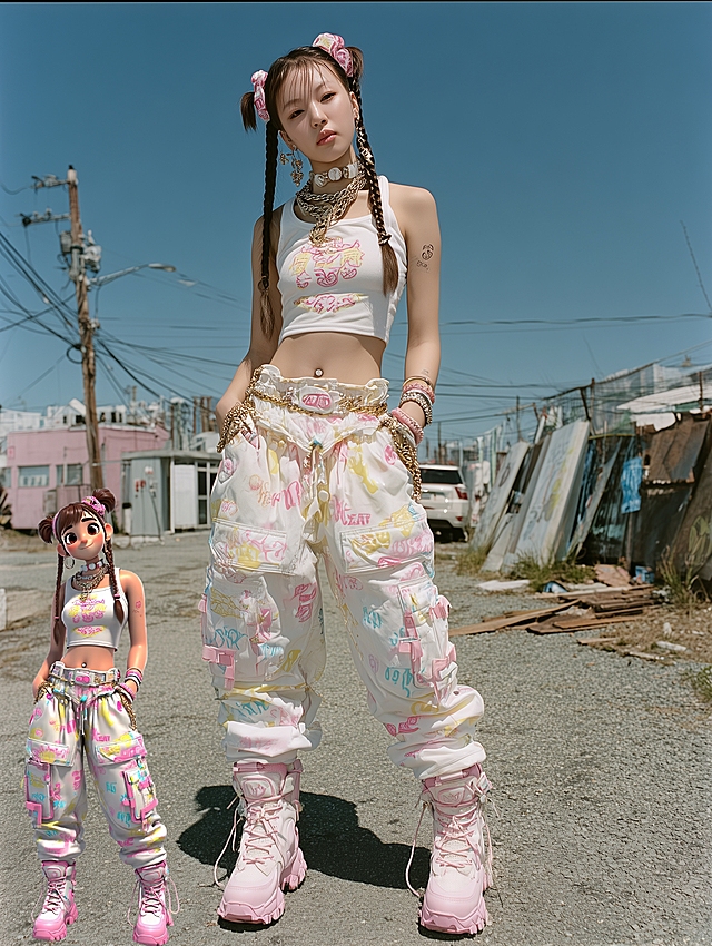 潮流感十足的Y2K风设计，卡通感与3D角色风结合，虚拟现实元素融入街头场景。