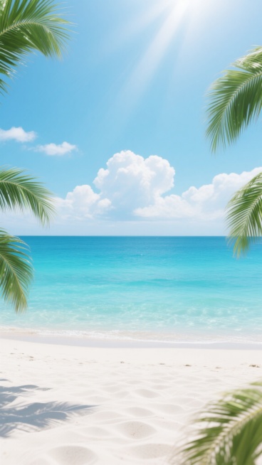 一张呈现热带海滩美景的背景图，画面采用写实风格，以明亮通透的色彩为主，上方是纯净的浅蓝色天空，点缀着几朵形态自然的白色云朵，阳光从云层边缘洒落，形成柔和的光晕效果。下方是清澈见底的蓝色海洋，海水呈现出由浅至深的渐变色彩，靠近岸边的海水为透明的浅蓝色，远处则过渡为深邃的蓝绿色，海面平静，只有轻微的波浪纹理。沙滩占据画面底部，呈现出细腻洁白的质感，沙子上有自然形成的波纹和凹陷。画面两侧各有几片翠绿……预览效果