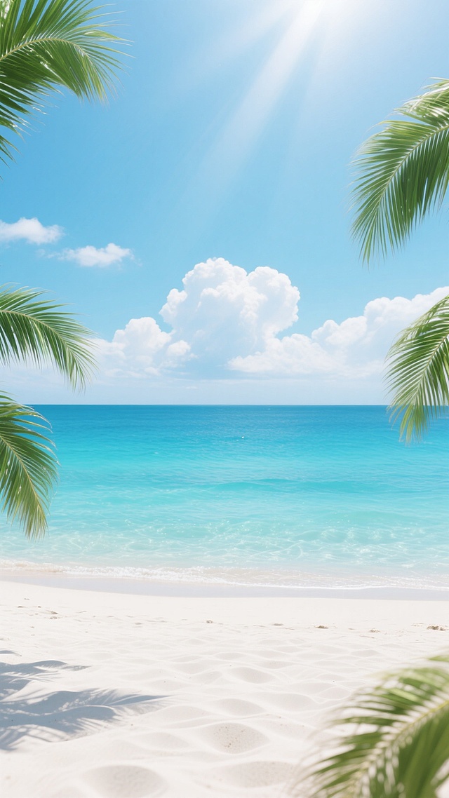 一张呈现热带海滩美景的背景图，画面采用写实风格，以明亮通透的色彩为主，上方是纯净的浅蓝色天空，点缀着几朵形态自然的白色云朵，阳光从云层边缘洒落，形成柔和的光晕效果。下方是清澈见底的蓝色海洋，海水呈现出由浅至深的渐变色彩，靠近岸边的海水为透明的浅蓝色，远处则过渡为深邃的蓝绿色，海面平静，只有轻微的波浪纹理。沙滩占据画面底部，呈现出细腻洁白的质感，沙子上有自然形成的波纹和凹陷。画面两侧各有几片翠绿的棕榈叶从边缘伸入，叶片的纹理清晰可见，呈现出健康的绿色，带有自然的光影变化，整体营造出一种宁静、放松、充满夏日气息的氛围。