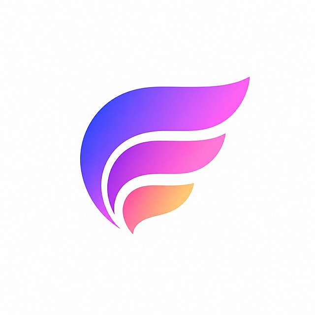 美业平台纯图形logo，参考图风格：由多层弧形渐变条带组成的抽象流体图形，类似字母F的流线型造型，紫蓝渐变到粉橙渐变的柔和色彩过渡，圆润流畅的曲线边缘，现代简约时尚风格，适合女性美业品牌，纯白色背景，logo居中放置，四周留有充足留白，正方形构图，干净简洁，高级感