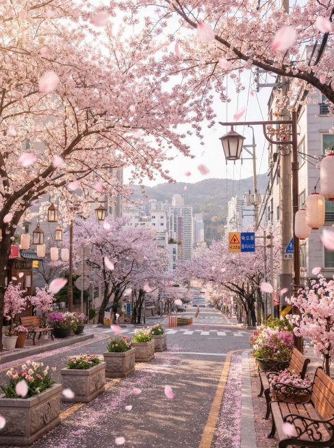 对这张樱花街道场景进行装修和陈设美化，让场景更美观吸引人，不要出现人物，不要添加蜡烛，添加樱花飘落的动态效果，保持整体场景的和谐美观预览效果