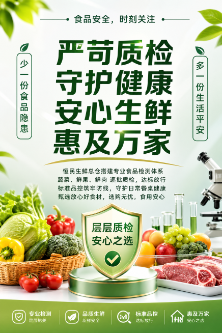 严格保留所有原文字内容不做任何修改，设计高端简约食品安全海报：顶部标题"食品安全，时刻关注"，两侧左侧"少一份食品隐患"右侧"多一份生活平安"，中间大字"严苛质检 守护健康 安心生鲜 惠及万家"，下方预览效果
