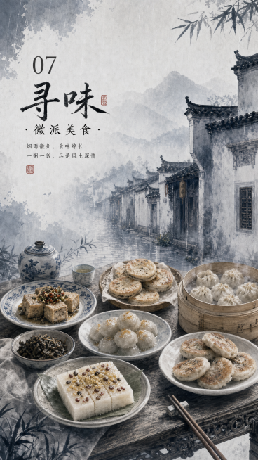 第7屏：寻味·徽派美食，徽州特色小吃点心，古雅餐具摆放，整体为水墨烟雨徽州古风，朦胧淡墨风格，画面适配竖屏H5展示预览效果