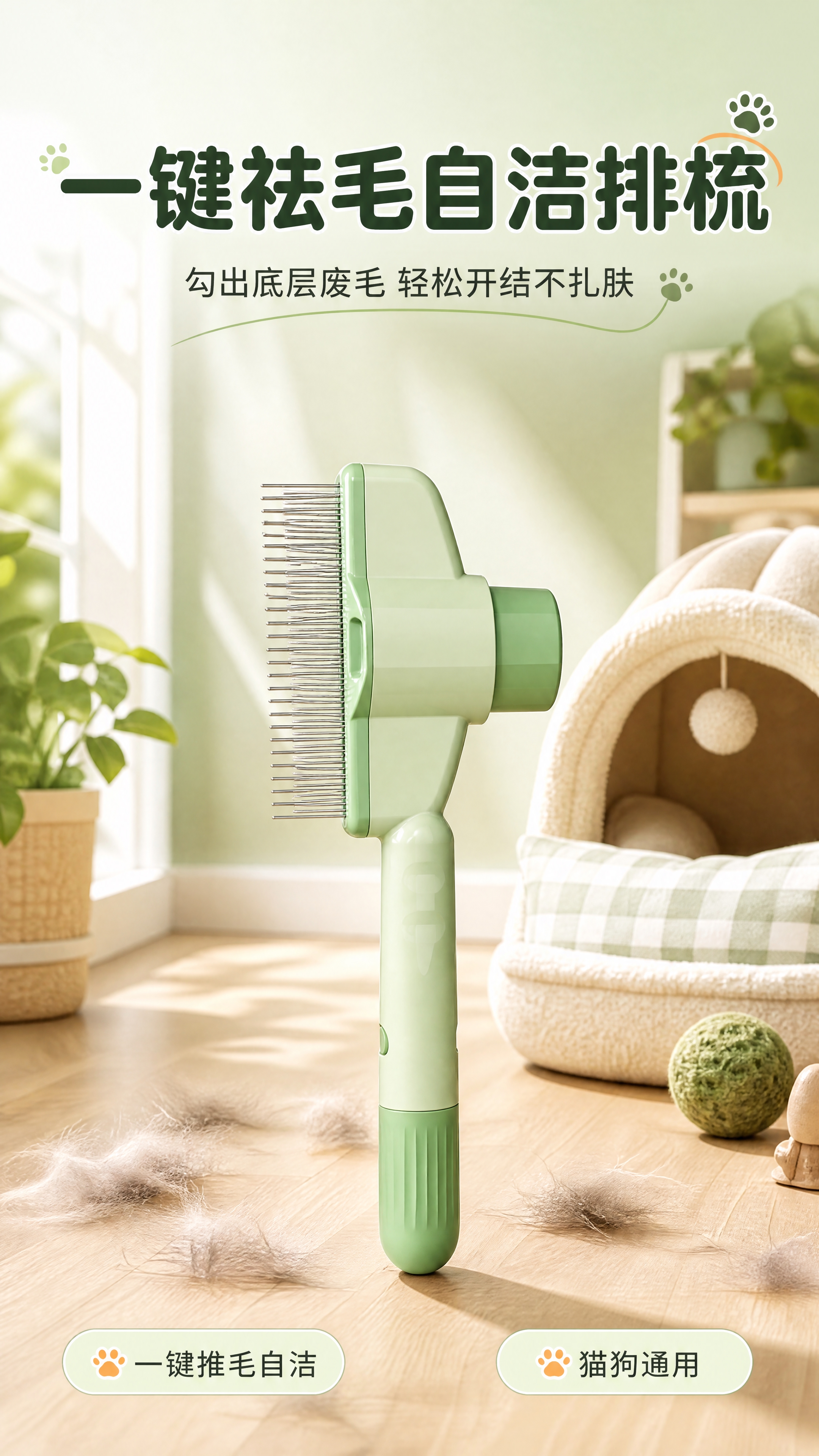 [商品] 使用【图1】薄荷绿一键自洁宠物排梳；保留产品整体结构… - 图片创意预览