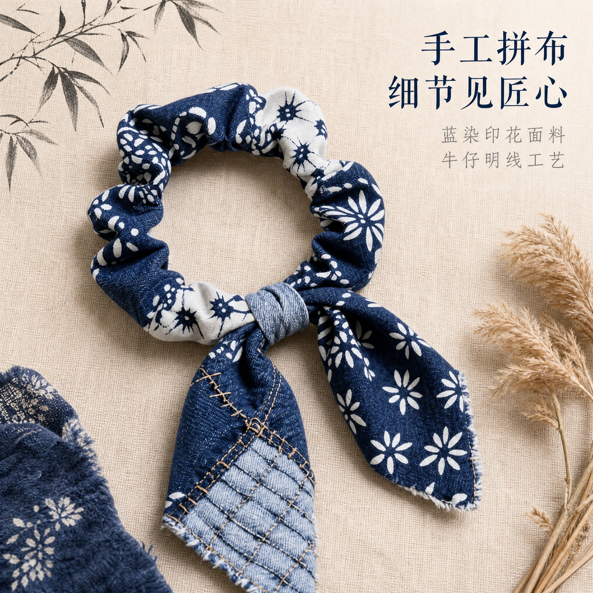 [主图-2] 蓝印花布拼接牛仔蝴蝶结大肠发圈 细节特写展示 突… - 图片创意预览