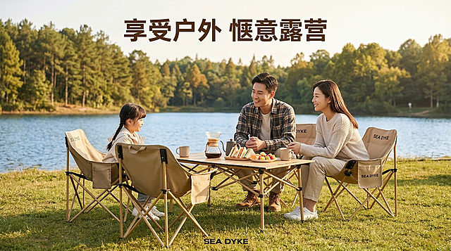 [垫图] https://gdesign-dam-hz.dancf.com/35860528160955487/5c2e13199e064d958aedb2d91b932751.png
[主图主题] 休闲使用场景展示主图
[氛围/风格] 温馨治愈露营氛围，真实生活感，暖调午后阳光
[画面元素] 这套卡其色折叠露营桌椅放置在湖边草地上，一家三口亚洲面孔围坐在桌边野餐，摆放着咖啡壶和三明治，人物轻松交谈，享受户外休闲时光，展示桌椅的使用场景和舒适性，产品主体清晰，人物自然互动不遮挡产品，背景是湖泊和树林，整体氛围轻松惬意
[配色色系] 主色调：卡其色桌椅、绿色草地、蓝色湖泊，暖金色阳光氛围
[视角构图] 平视广角，空间开阔，景深自然
[文字版式] 主标题 " 享受户外 惬意露营 ", 顶部居中悬浮，字体为粗黑体深棕色，无底色，底部右侧添加品牌标识，整体简洁，文案融入背景不抢产品风头