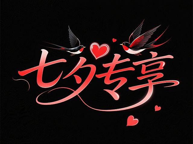 文字“七夕专享”，文字穿插点缀爱心和喜鹊。高级感，黑底红字。