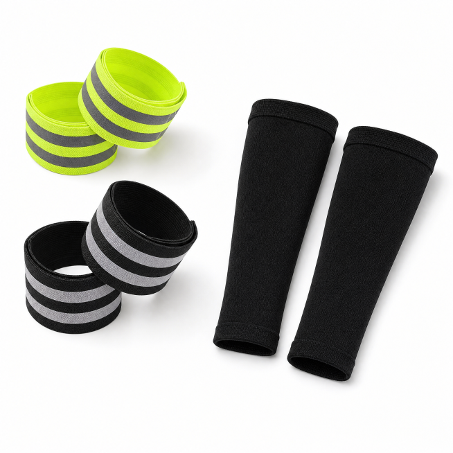 Product flat lay technical style, pure white desktop background. Two reflective bands (one fluoresce预览效果