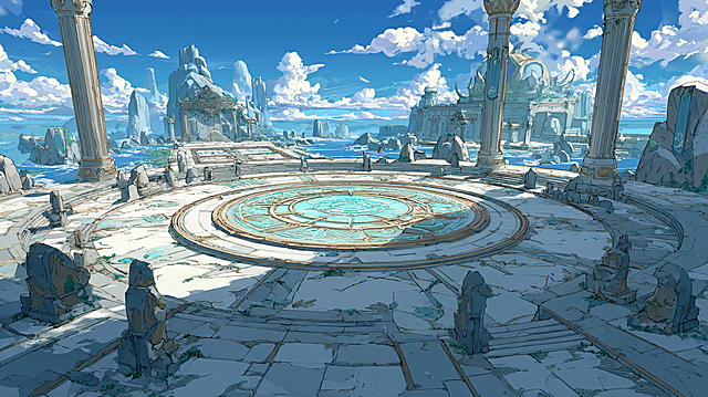 二次元国风仙侠RPG手游战斗场景，anime Chinese xianxia mobile RPG battle arena environment，云海仙门试剑台，一座悬浮在云海之上的大型圆形战斗平台，中央刻有发光仙法阵，地面是青白玉石材质，周围有破损石柱、仙门旗帜、玉石栏杆和悬浮符文，远处是浮空仙山、云雾、飞瀑和飞剑阵，清透明亮的蓝白金配色，仙气缭绕，适合角色战斗的开阔空间，清晰的前景中景远景，二次元动画场景风格，干净线稿，赛璐璐上色，柔和光影，高品质商业手游场景概念图，wide shot, clear battle area, game environment concept art --ar 16:9 --style raw --s 140 --chaos 22 --no realistic, photorealistic, 3D render, Unreal Engine, western fantasy, dark fantasy, sci-fi, cyberpunk, gritty, horror, oil painting, thick painting, modern building, text, logo, watermark