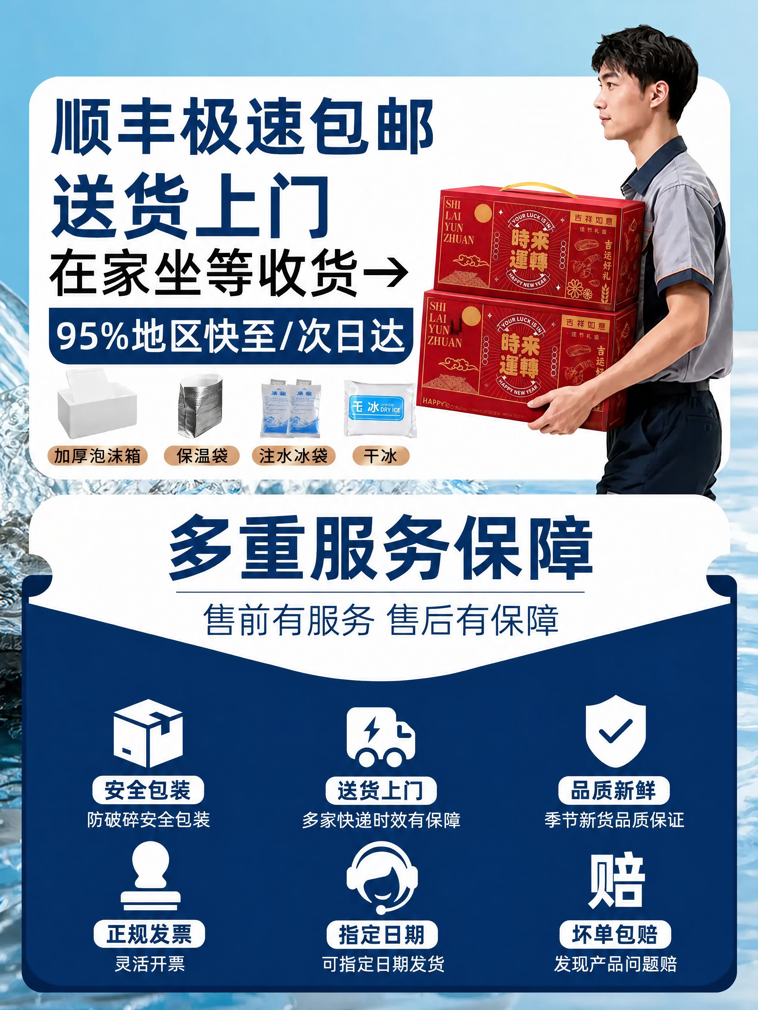 将图中快递员手中抱着的两个蓝色海鲜礼盒，替换为红色的"时来运转… - 图片创意预览