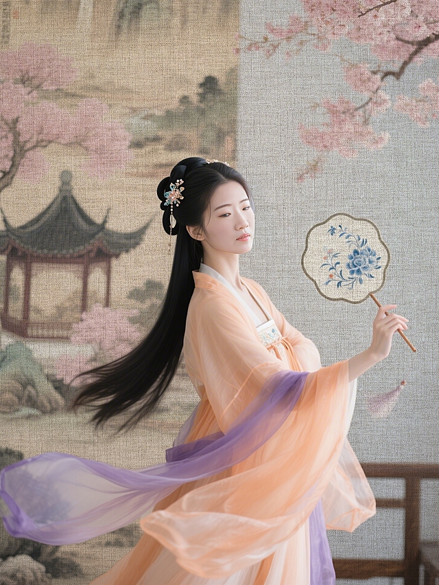工笔风与刺绣风交融，水墨意境中展现古典优雅。女子执团扇轻舞，衣袂飘然，尽显中式唯美感与文艺韵味。