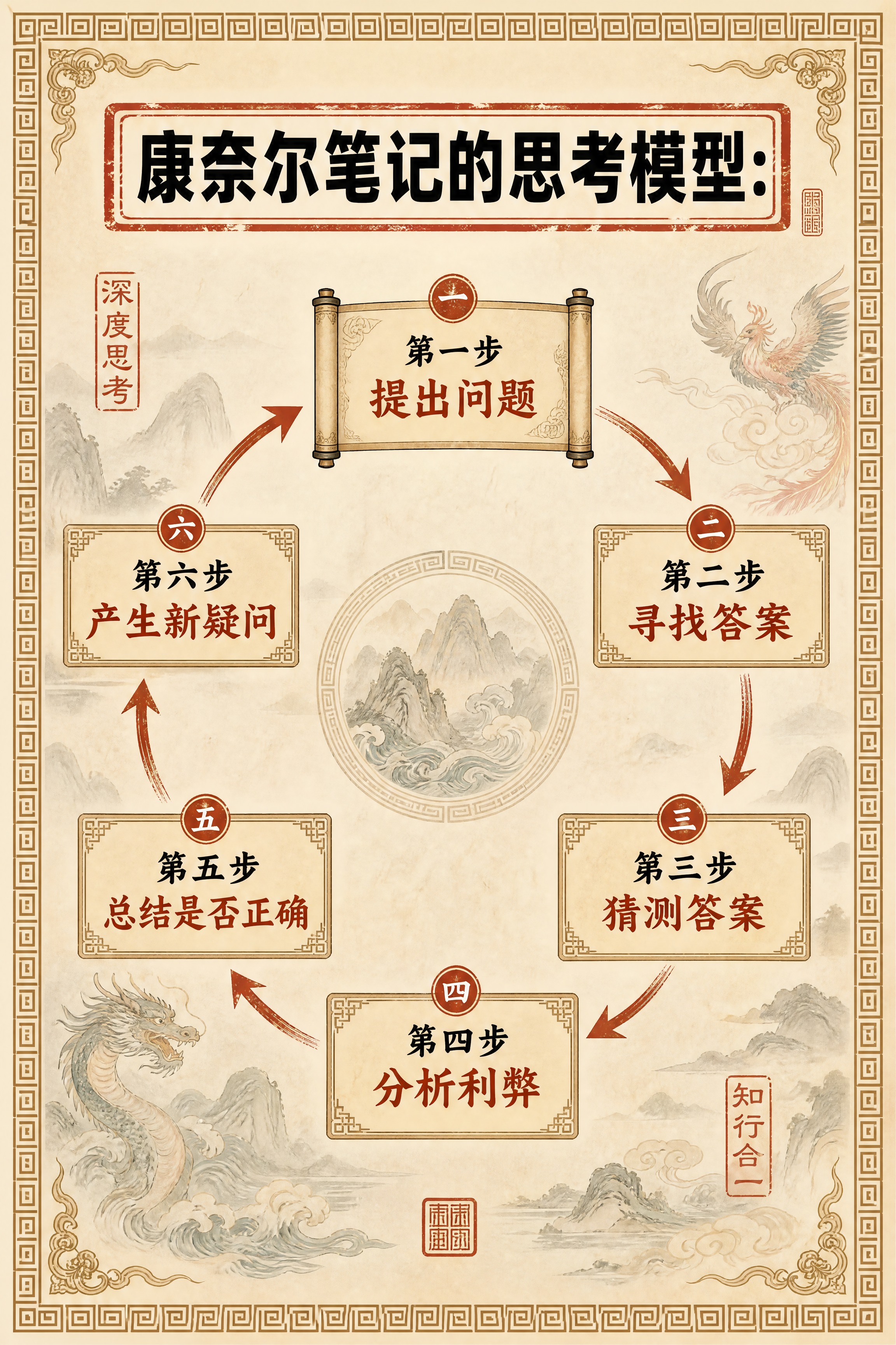 小红书笔记内页，思考模型流程图，国风山海经风格，米黄色宣纸纹理… - 图片创意预览