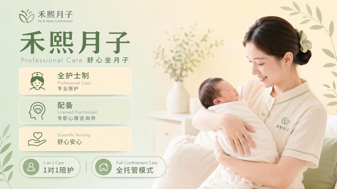 禾熙月子中心品牌宣传海报，高级干净母婴风，左侧文字信息，右侧年轻护理师抱宝宝温馨场景；[氛围风格] 柔和干净 安心照护 温暖高级，配色延续禾苗绿#9BBF8F搭配淡奶油黄#FCE5B4；[画质] 超高预览效果
