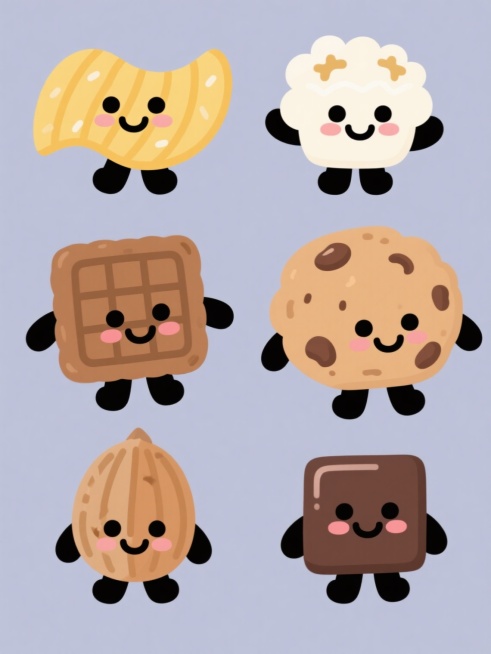 一套六个不同零食的卡通角色集合，保持原图的可爱Q版2D插画风格，圆润的线条，简洁的造型，每个角色都有黑色的豆豆眼、微笑的嘴巴和腮红，以及简单的黑色四肢。六个角色分别是：黄色薯片，呈波浪形，有盐粒质感；棕色饼干，方形，表面有网格纹路；浅棕色曲奇，圆形，带有巧克力豆；白色爆米花，蓬松球形，顶部有小尖角；浅棕色坚果，椭圆形，带有外壳纹理；深棕色巧克力，方形，表面光滑有光泽。它们整齐地排列在纯色背景上……预览效果