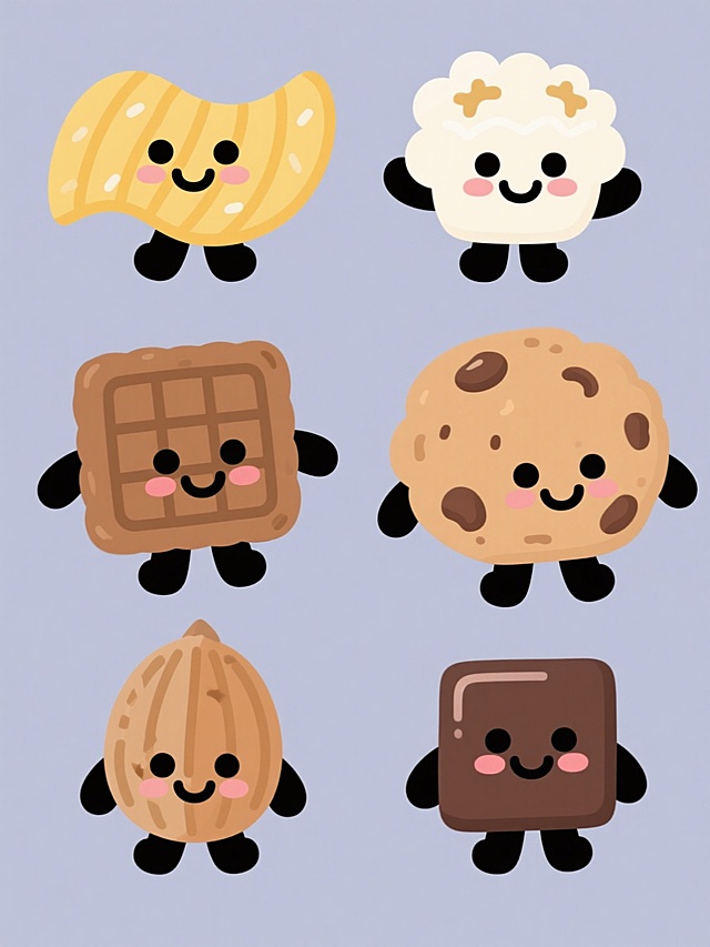一套六个不同零食的卡通角色集合，保持原图的可爱Q版2D插画风格，圆润的线条，简洁的造型，每个角色都有黑色的豆豆眼、微笑的嘴巴和腮红，以及简单的黑色四肢。六个角色分别是：黄色薯片，呈波浪形，有盐粒质感；棕色饼干，方形，表面有网格纹路；浅棕色曲奇，圆形，带有巧克力豆；白色爆米花，蓬松球形，顶部有小尖角；浅棕色坚果，椭圆形，带有外壳纹理；深棕色巧克力，方形，表面光滑有光泽。它们整齐地排列在纯色背景上，整体色彩协调统一，每个角色都展现出欢快活泼的姿态。