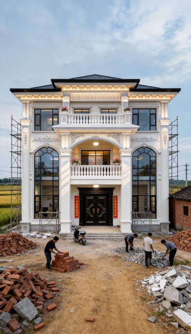 9:16竖屏，1:1精准还原图中欧式轻奢风三层独栋别墅主体结构，包括对称式立面、中央拱形入户门廊、二层宝瓶柱栏杆露台及坡屋顶轮廓，仅替换材质与场景。
外立面材质：主体为哑光象牙白色真石漆，门窗框架为深预览效果