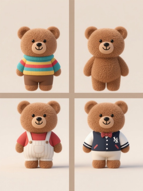 四个造型各异的立体风格棕色毛绒小熊，分别穿着不同款式的彩色条纹毛衣、背带裤、棒球服和绅士领结，每个小熊都有圆润的耳朵、黑色纽扣眼睛和微笑表情，整体呈规整的田字格排布在纯色背景上，保持统一的毛绒质感和光影效果，细节清晰可爱。预览效果