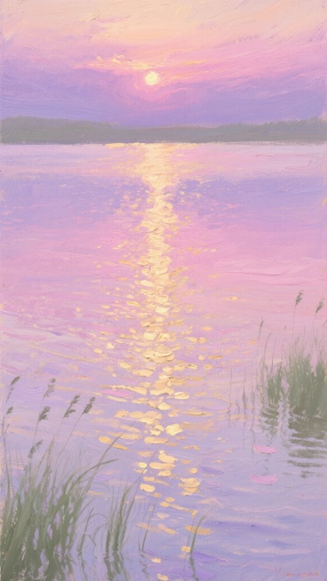 油画风格，湖面倒映着粉紫色渐变的晚霞光芒，水面波纹荡漾，金色与粉紫色的光斑交错闪烁，湖边点缀着几丛淡绿色芦苇剪影，整体色调柔和梦幻，笔触厚重富有质感，光影层次丰富，营造出宁静浪漫的傍晚氛围预览效果