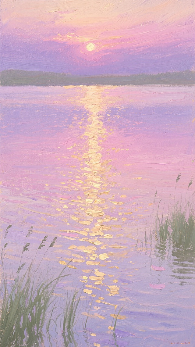 油画风格，湖面倒映着粉紫色渐变的晚霞光芒，水面波纹荡漾，金色与粉紫色的光斑交错闪烁，湖边点缀着几丛淡绿色芦苇剪影，整体色调柔和梦幻，笔触厚重富有质感，光影层次丰富，营造出宁静浪漫的傍晚氛围