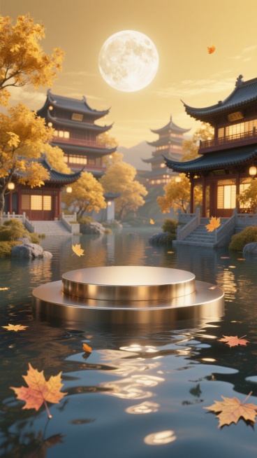 国风虚拟电商场景图。前景是一个圆形金属展台，水面波光粼粼，几片枫叶飘落。背景亮灯的传统中式楼阁建筑群、金黄枫树，金色的天空挂着一轮发光的圆月预览效果