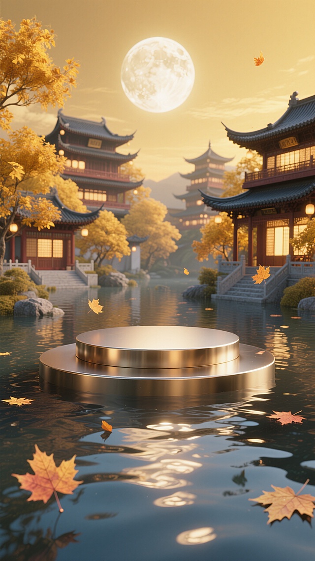 古典中式园林，3D梦幻金属台，超现实秋景，满月映照，虚拟现实中秋氛围。