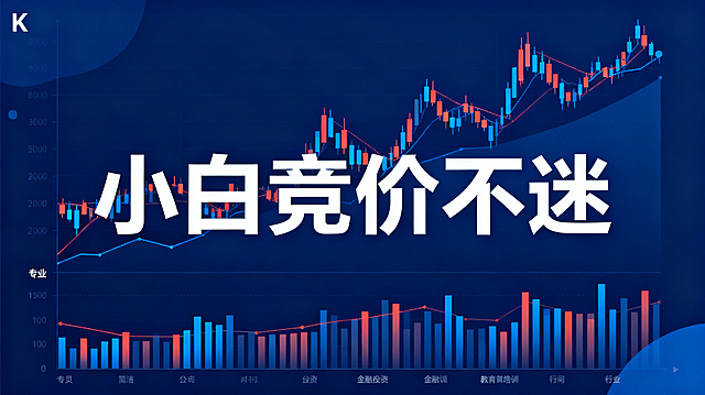 金融股票主题海报，深蓝色专业商务背景，带有K线走势图和图表元素，画面中心突出显示大标题文字"小白竞价不迷"，整体风格专业简洁，符合金融投资教育培训行业特点，突出主题文字，清晰易读