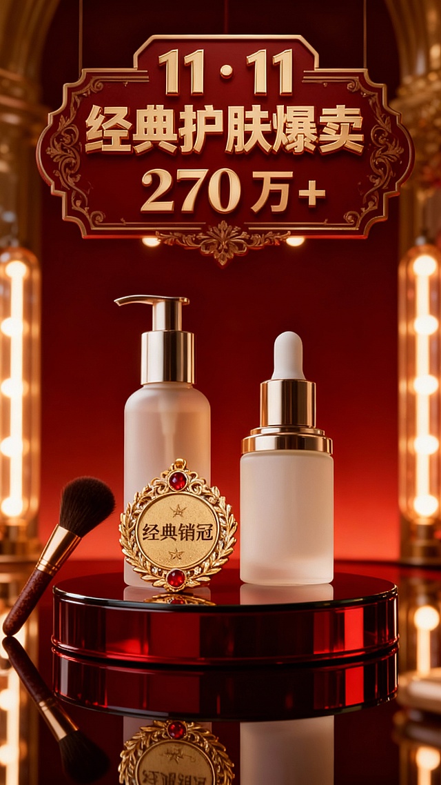 画面中心是复古雕花鎏金勋章（刻 “经典销冠”，边缘镶红宝石），和护肤品一起置于暗红色镜面展台，搭配复古化妆刷。上方是暗红金立体文字牌 “11・11 经典护肤爆卖 270 万 +”，文字牌饰复古花纹，背景暗红金渐变，复古灯管点缀。复古轻奢有质感。