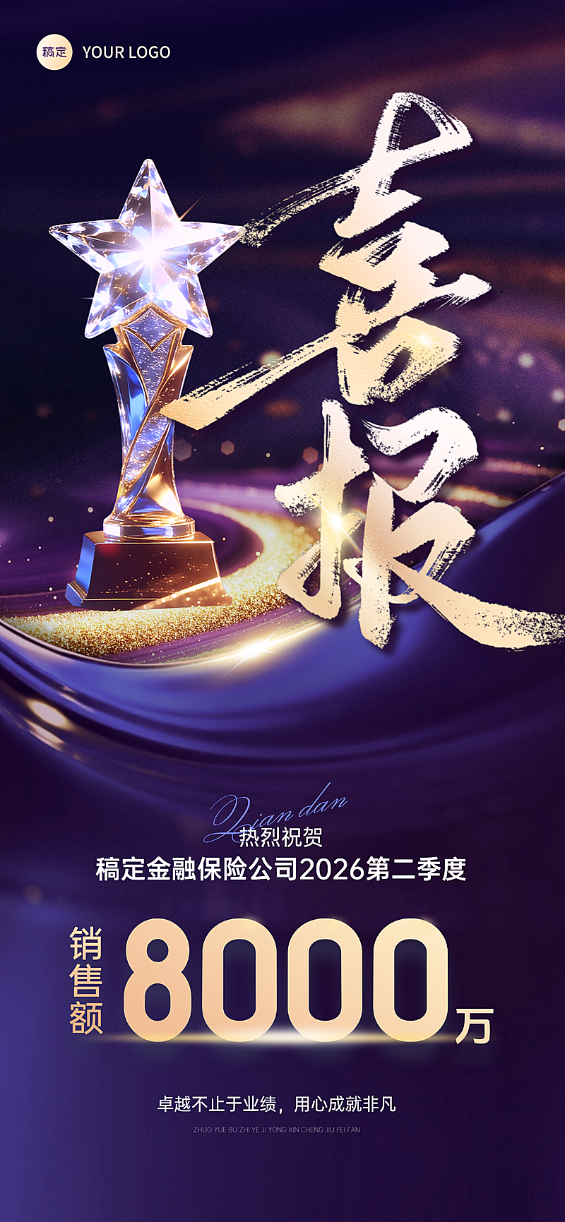 金融保险销售业绩喜报蓝金奢华感全屏竖版海报