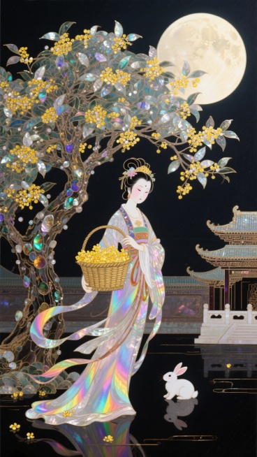 中式风格，华丽的广寒宫外，嫦娥衣摆飘逸，手提着一个装满桂花的精致竹篮，她的旁边是一棵茂盛的大桂花树，小玉兔在桂花树下玩耍，背景是一轮巨大的圆月。预览效果