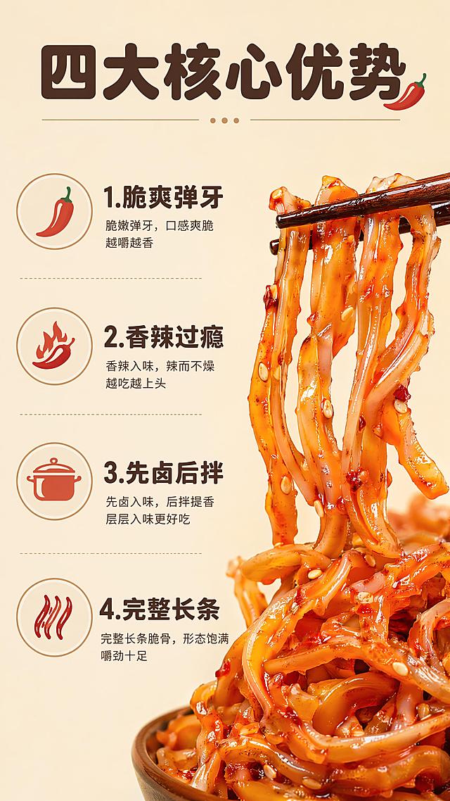 「图片1」，生成详情页，商品名称为脆骨条，口味：香辣味，卖点：脆爽弹牙，香辣过瘾，先卤后拌，地道湖南老味道，只做完整长条脆骨，适配抖音/快手平台，单图比例为9:16，需求屏数为8张。「图片1」「图片1」「图片1」「图片1」「图片1」「图片1」「图片1」只做完整长条脆骨