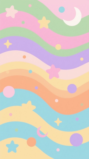 卡通风格背景插画，柔和的粉绿色、淡紫色、橙黄色与浅蓝色构成的渐变波浪状色块，散布着大小不一的星形、圆形和月牙形装饰元素，整体色调明快温馨，线条圆润流畅，画面简洁干净，营造出轻松愉悦的氛围。预览效果