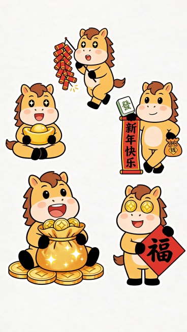 一组卡通矢量风格的小马贴纸：1、小马坐着抱着金元宝（侧面）盘腿坐在地上，兴高采烈地抱着金元宝，开心，嘴巴张开，眼里有星星。2、小马拿着一串长鞭炮，身体微微弹跳，嘴巴微张，表情兴奋，3：小马站着一手肘靠预览效果