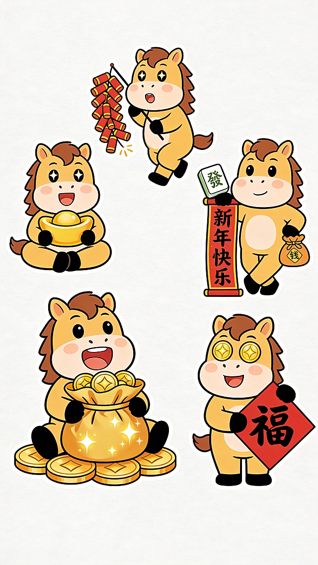 卡通风格小马拟人化设计，融合剪纸元素与节日符号，喜庆插画风传递新年祝福。