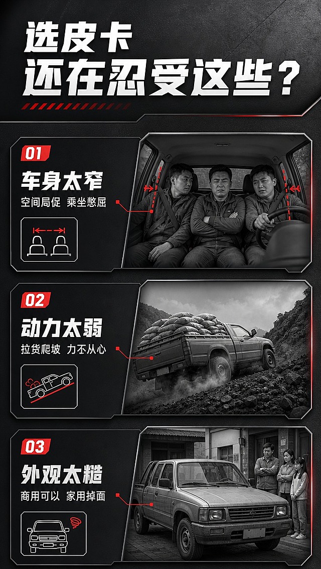 [商品] 本页为痛点直击页，无需产品图。
[画面] 目标：直击传统皮卡三大痛点，激发用户需求。构图：上下分三栏，每栏一个痛点场景配图标，左侧痛点描述，右侧问题示意。上栏：窄小空间憋屈场景示意；中栏：动力不足爬坡费力场景示意；下栏：外观老气不体面场景示意。背景：深灰渐变带警示感纹理。
[视觉] 套系策略：风格=硬派越野科技商业风；标题字=粗黑方正无衬线体；正文字=简洁无衬线体；主色=深炭黑+珍珠白；背景延展=基于深炭黑做深浅渐变、金属质感纹理和硬朗几何切割；强调色=运动红，仅用于小面积图标、引线、标签和重点数字高亮；标题色=纯白；正文色=浅灰白；组件=硬朗直角信息卡、粗线引线、红色数字标签；光影=平面设计感，硬朗光影。
[文字] 顶部大标题「选皮卡 还在忍受这些？」，下方三个痛点模块：1.「车身太窄」副标「空间局促 乘坐憋屈」配简笔图标；2.「动力太弱」副标「拉货爬坡 力不从心」配简笔图标；3.「外观太糙」副标「商用可以 家用掉面」配简笔图标。文字全部横排，字号保证手机端清晰可读。
[规格] 图片比例9:16竖版，4K分辨率，避免变形、错字、文字过小、出现具体竞品品牌、低俗表达。