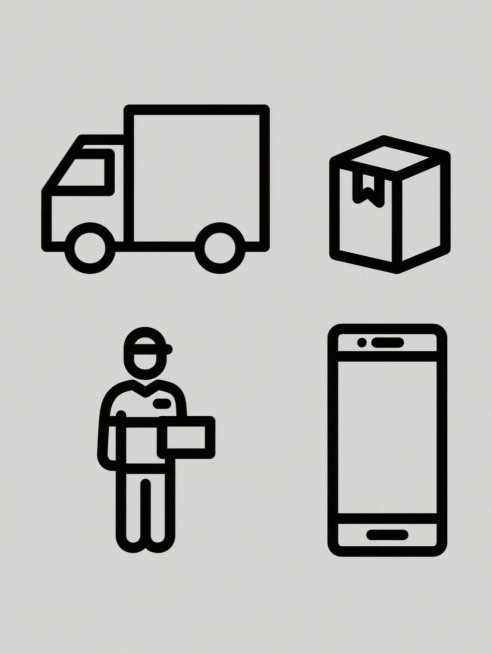极简风格系列图标集合，纯色背景，四个规整排布的黑色线性图标，每个图标轮廓线条均匀、拐角圆润，风格统一。从左到右、从上到下依次为：快递车图标（车厢方正，车头有挡风玻璃轮廓，底部两个圆形车轮），快递盒图标（方形盒子，顶部有封口线），快递员图标（简化人形，穿着制服，手持包裹），手机图标（矩形机身，屏幕区域占比大，底部有home键轮廓）。整体色彩可变换为与原图不同的单一色调，保持线条粗细和极简设计感。预览效果
